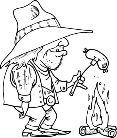 Cowboy Is Grilling A Sausage Coloring Page